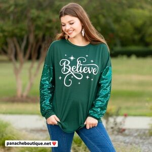 NWT! Boutique Green Sequin “Believe” Top! So pretty! 🎄❤️🎁
